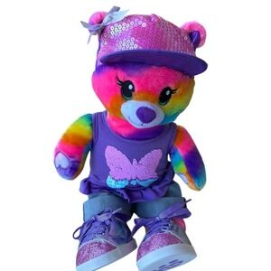 Build-A-Bear Rainbow Tie Dye Plush Bear with Butterfly Outfit and Shoes Set